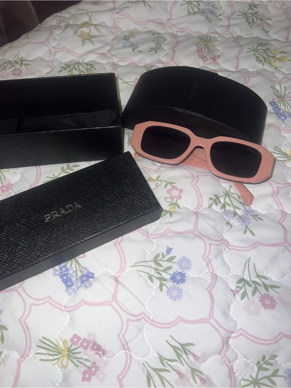 Prada Blush Pink Rectangular Sunglasses with Black Lenses